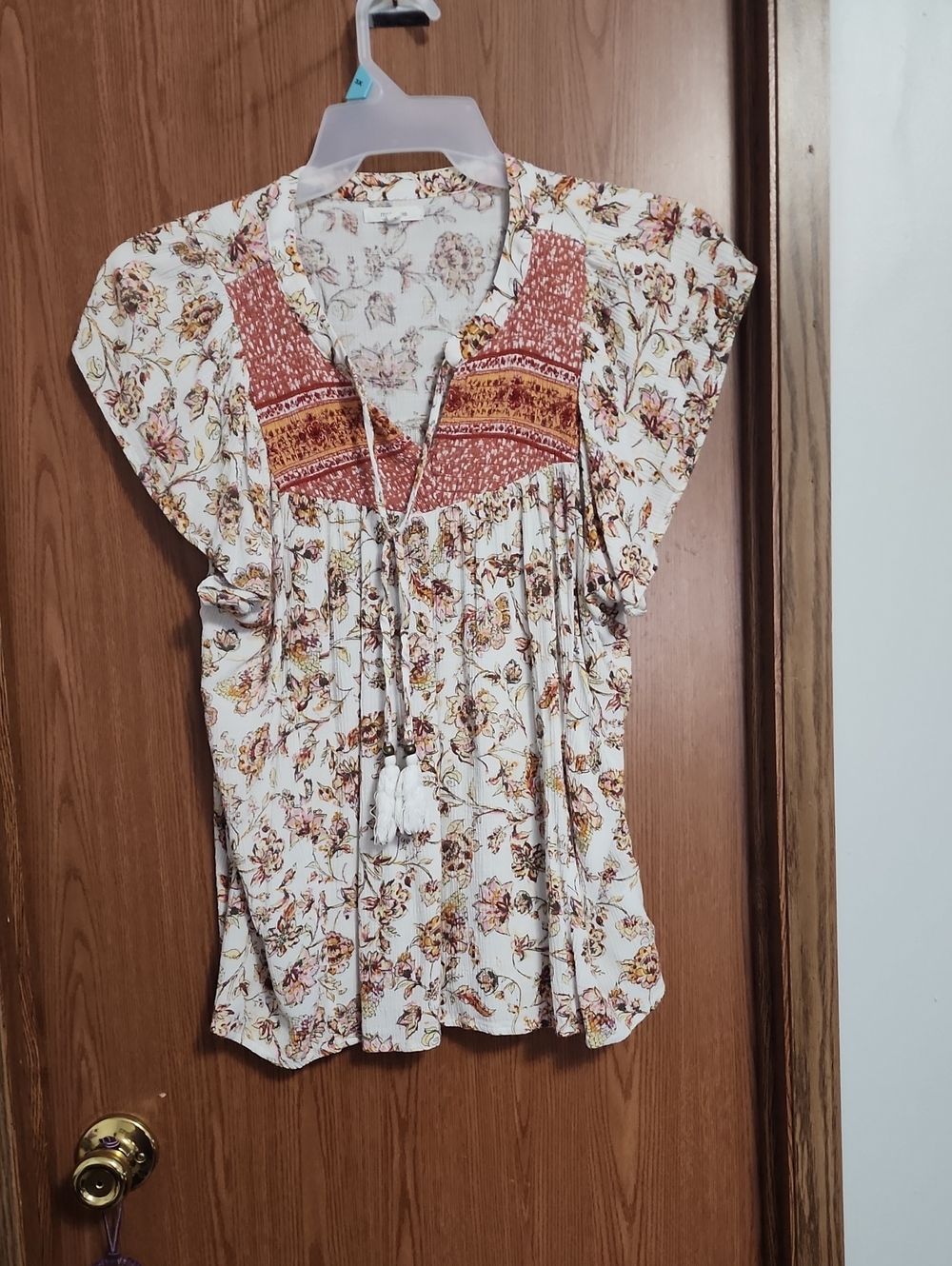 Maurices Cream Floral Tie-Front Peasant Top with Rust Yoke